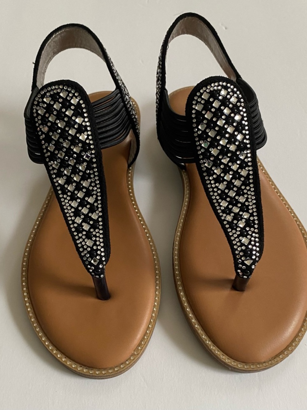 Women's Black Crystal T-strap Slingback Sandals